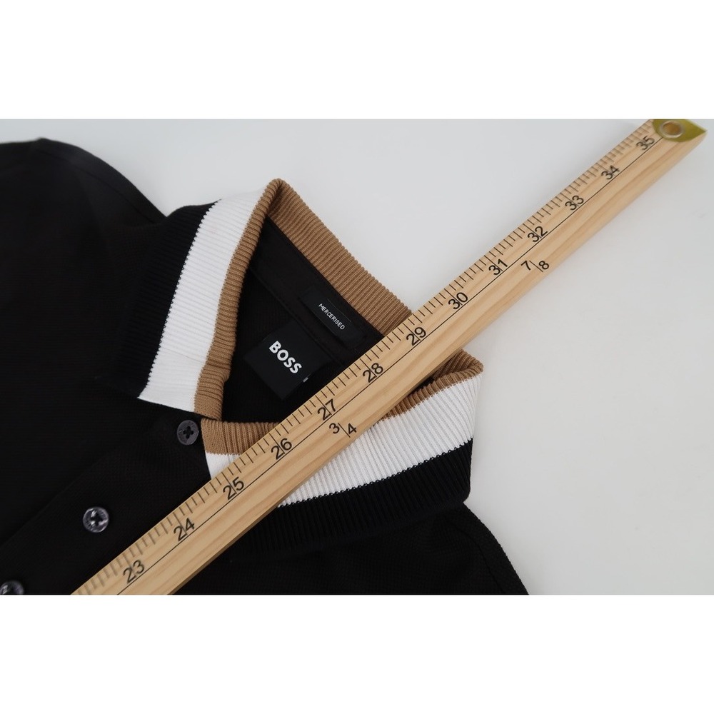 Hugo Boss Prout Polo Shirt Mens Medium Black Tan Striped Pique Contrast Collar - Picture 13 of 13
